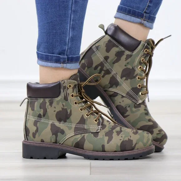 Women's Camouflage Combat Lace-up Ankle Boots Low Heel Casual Short Booties - Picture 2 of 15